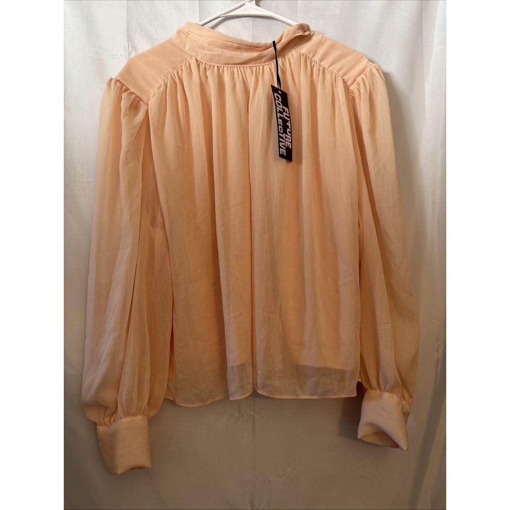 Women's Peach Sheer Blouse Layered Mock Neck Polyester Elegant Academia XL NWT